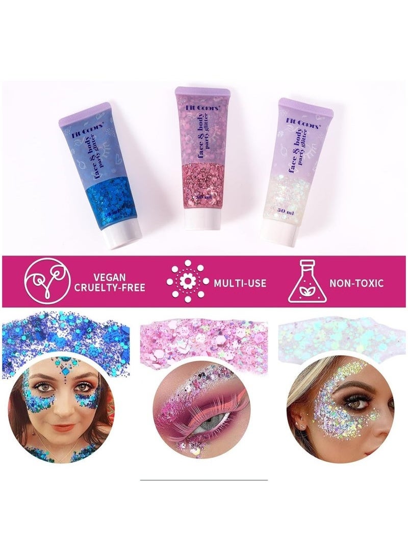 Fit Colors 3pcs Body Glitter, MAKINGTEC Mermaid Sequins Liquid Holographic Glitter Gel, Chunky Glitter Face Eye Lip Hair Nail Festival Makeup, Sparkling Body for Women  - Image 2