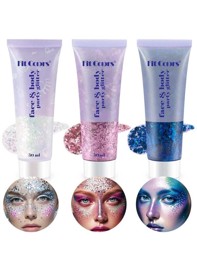 Fit Colors 3pcs Body Glitter, MAKINGTEC Mermaid Sequins Liquid Holographic Glitter Gel, Chunky Glitter Face Eye Lip Hair Nail Festival Makeup, Sparkling Body for Women  - Image 1