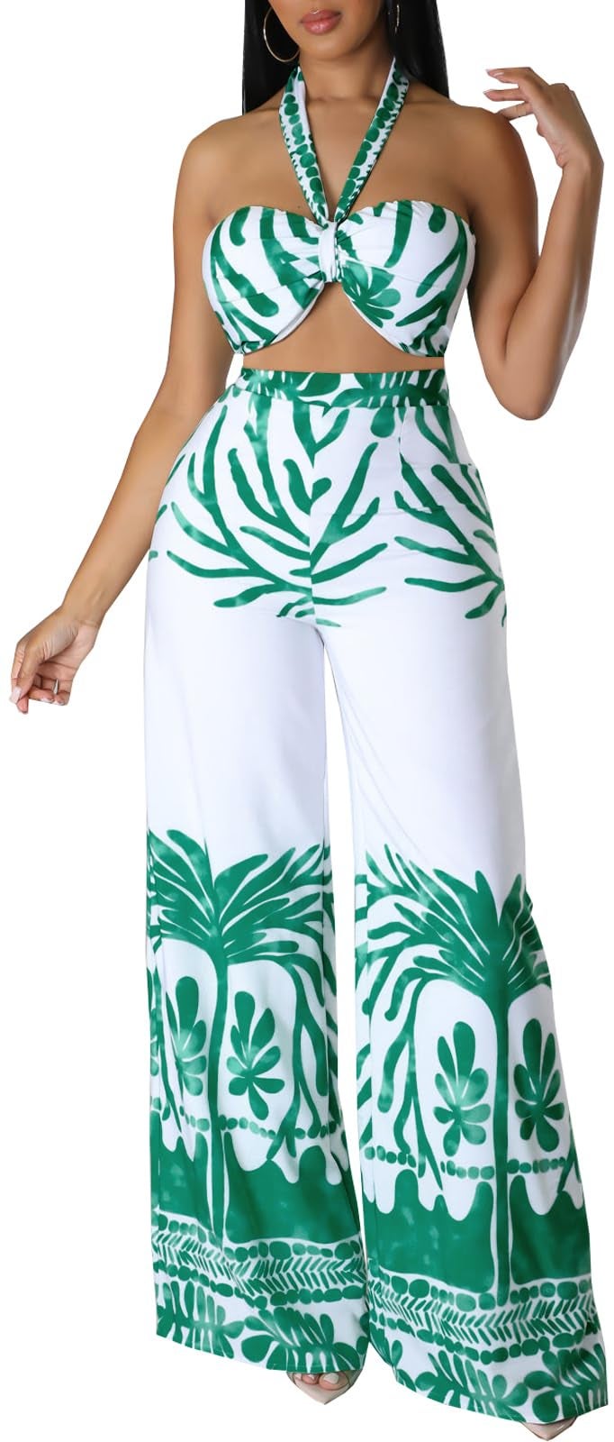 sexycherry Two Piece Outfits for Womens Summer Boho Tropical Sexy Halter Criss Cross Crop Tops High Waist Straight Long Pants Beach Sets Cover Ups Swimsuit(Small) - Image 4