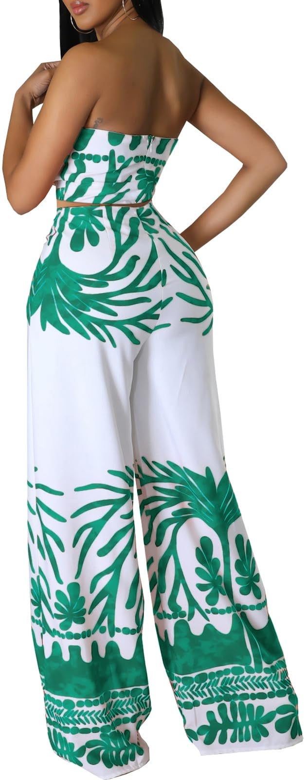 sexycherry Two Piece Outfits for Womens Summer Boho Tropical Sexy Halter Criss Cross Crop Tops High Waist Straight Long Pants Beach Sets Cover Ups Swimsuit(Small) - Image 2