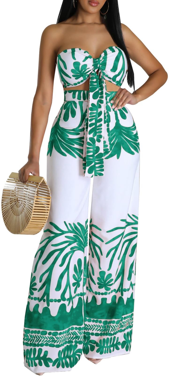 sexycherry Two Piece Outfits for Womens Summer Boho Tropical Sexy Halter Criss Cross Crop Tops High Waist Straight Long Pants Beach Sets Cover Ups Swimsuit(Small) - Image 1