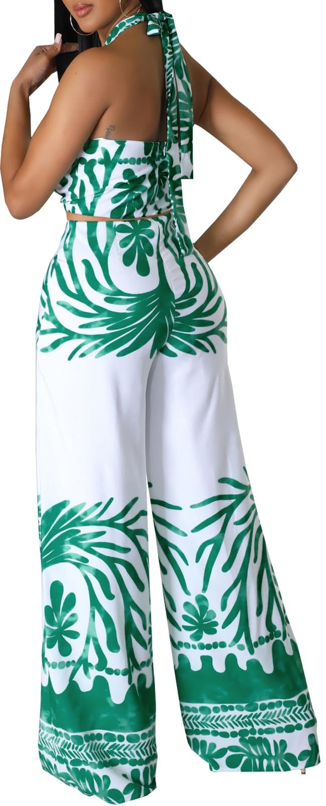 sexycherry Two Piece Outfits for Womens Summer Boho Tropical Sexy Halter Criss Cross Crop Tops High Waist Straight Long Pants Beach Sets Cover Ups Swimsuit(Small) - Image 5
