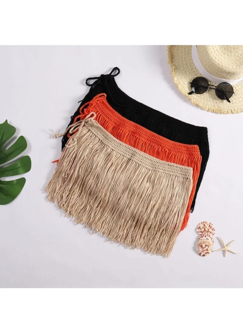 تابو Tasseled Crochet Knitted Beige Pareo Skirt