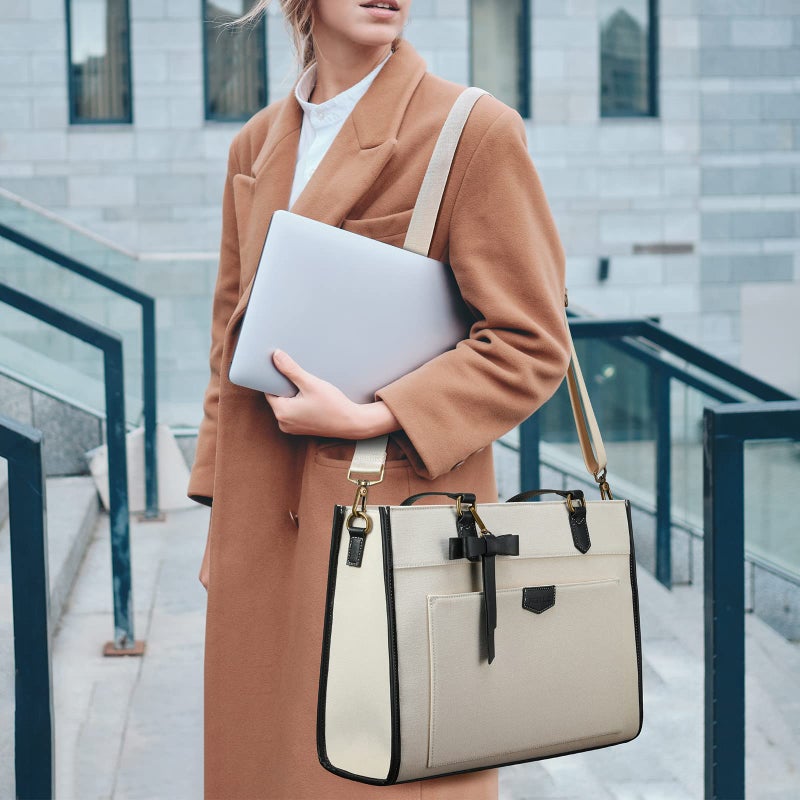 Keyli حقيبة كمبيوتر محمول حقيبة قماش للنساء 15.6 بوصة حقائب كتف عمل عادية سعة كبيرة المهنية الأعمال مكتب كمبيوتر حقيبة حقيبة يد محافظ للسفر مكتب المدرسة الأبيض - Image 2