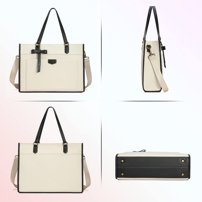 Keyli حقيبة كمبيوتر محمول حقيبة قماش للنساء 15.6 بوصة حقائب كتف عمل عادية سعة كبيرة المهنية الأعمال مكتب كمبيوتر حقيبة حقيبة يد محافظ للسفر مكتب المدرسة الأبيض - Image 5