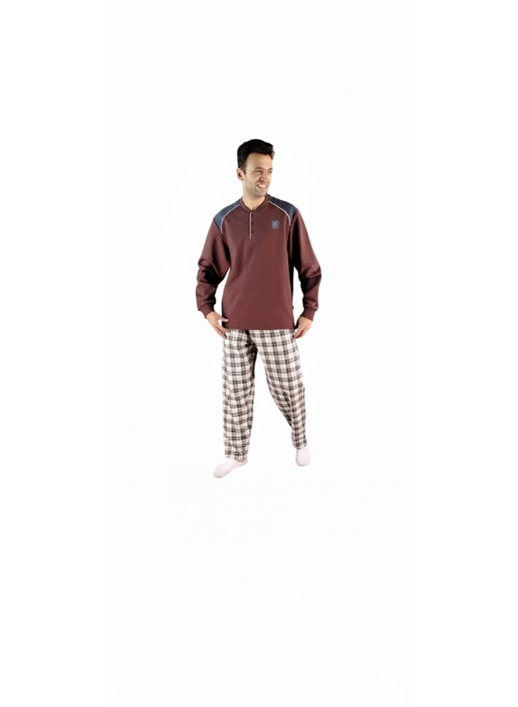 Jet Men Winter Pajama Set Long Sleeve & Carreau Bottom-Brown - Image 2