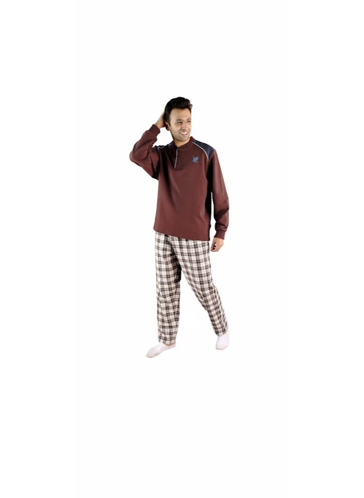 Jet Men Winter Pajama Set Long Sleeve & Carreau Bottom-Brown - Image 1