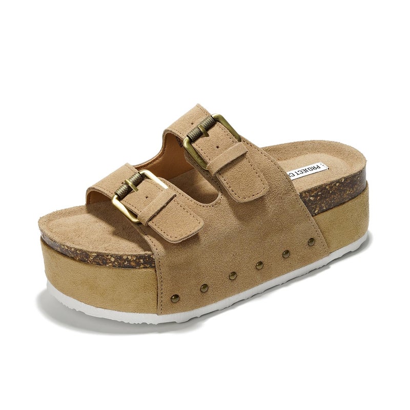 Project Cloud 100% Genuine Leather Platform Sandals Women - Memory Foam Insole with Two-Buckle - Non-Slip and Comfortable Wedge Sandals for Women 2026 (Oliy, TAUP, 10) - Image 1