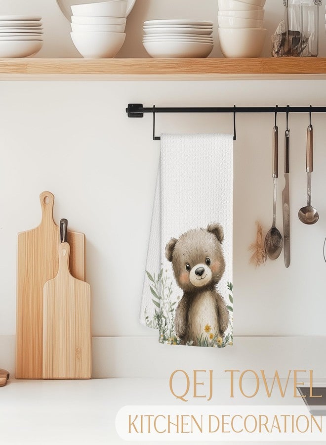 QEJ Boho Bear Bathroom Hand Towels, Gifts for Bear Lovers, Kids Bathroom Decor, Cute Forest Animal in Grass Decorative Hand Towels for Kids Bath Room Washroom, 16x24 Inch - Image 3