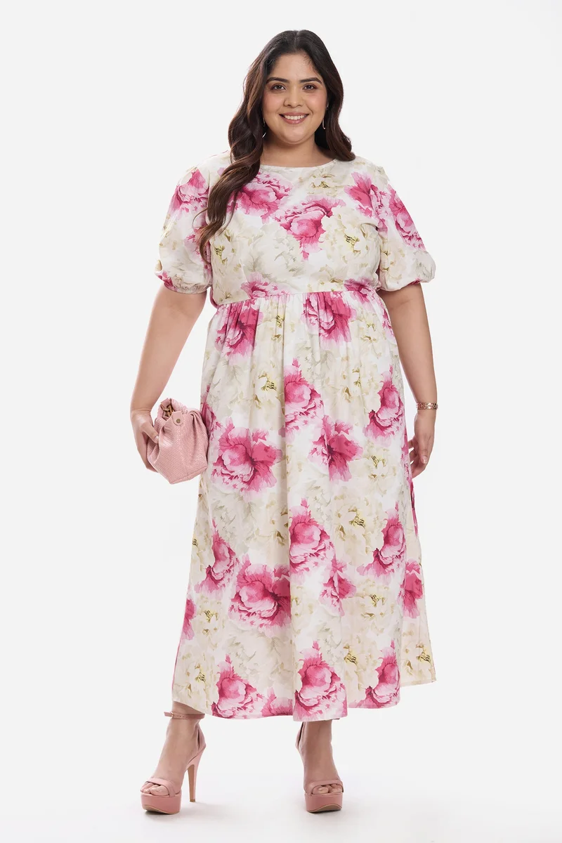 فيرجيو Solid Cotton Midi Plus Size Dress With Puff Sleeve for Women