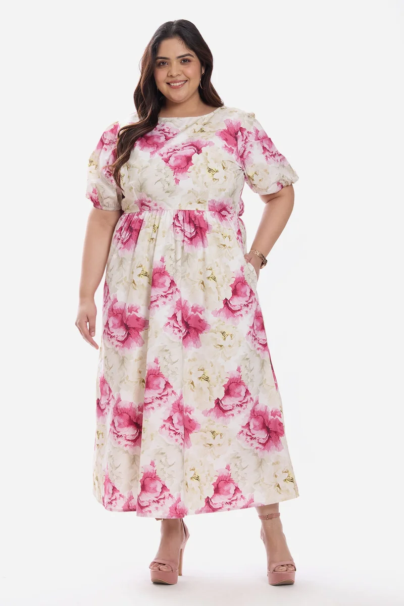 فيرجيو Solid Cotton Midi Plus Size Dress With Puff Sleeve for Women