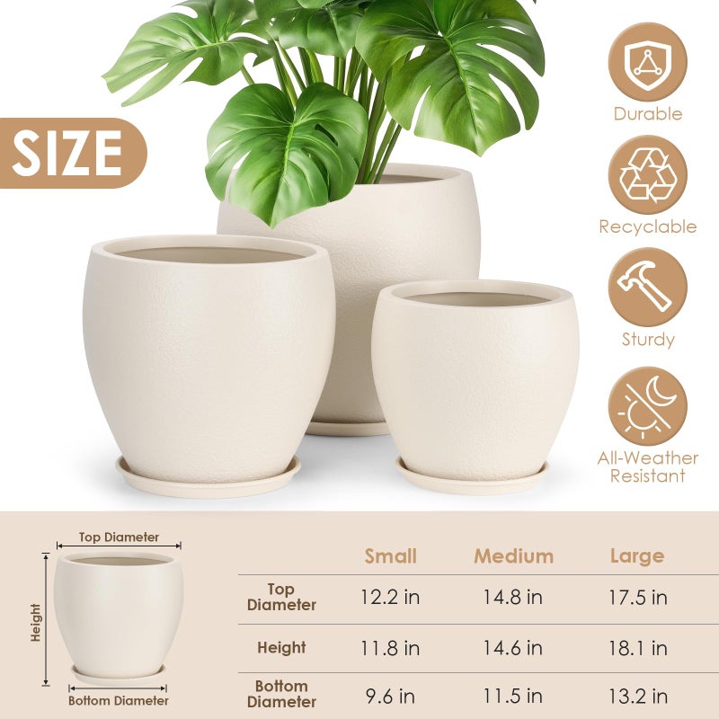 YNNICO Plant Pots 17.5/14.8/12.2 inch Set of 3, Flower Pots with Drainage Holes, Large Planters for Indoor Outdoor Garden Plants and Flowers. (Light Beige) - Image 2