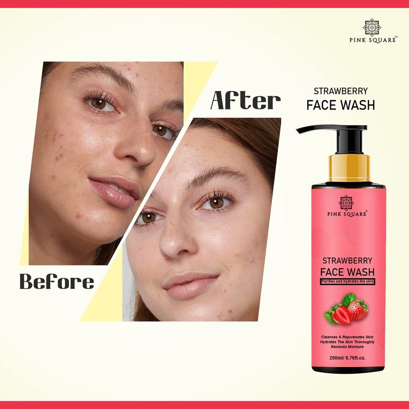 Pink Square Strawberry Face Wash with Strawberry Extract for all Skin Type  Natural Face Wash For AntiAcne  Lightening Skin with No Parabens SLS Silicones  Colour Pack of 3 of 200 ml - Image 5