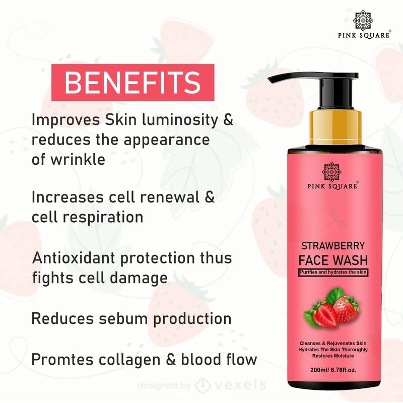 Pink Square Strawberry Face Wash with Strawberry Extract for all Skin Type  Natural Face Wash For AntiAcne  Lightening Skin with No Parabens SLS Silicones  Colour Pack of 3 of 200 ml - Image 4