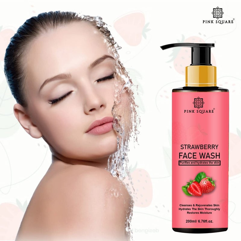 Pink Square Strawberry Face Wash with Strawberry Extract for all Skin Type  Natural Face Wash For AntiAcne  Lightening Skin with No Parabens SLS Silicones  Colour Pack of 3 of 200 ml - Image 2