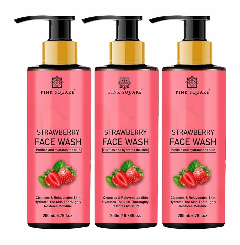 Pink Square Strawberry Face Wash with Strawberry Extract for all Skin Type  Natural Face Wash For AntiAcne  Lightening Skin with No Parabens SLS Silicones  Colour Pack of 3 of 200 ml - Image 1