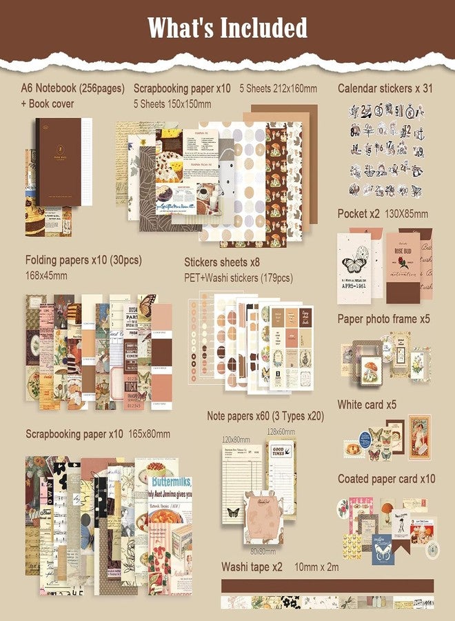 ADOFYS Coffee Vintage Scrapbooking Supplies, 351pcs Bullet Junk Journal Kit with Journaling Supplies, Aesthetic Scrapbook Paper A6 Grid Notebook - Image 2