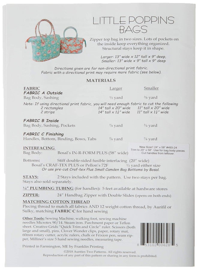 Aunties Two Little Poppins Bag Sewing Pattern with Two Bag Stays by Aunties Two - Image 2
