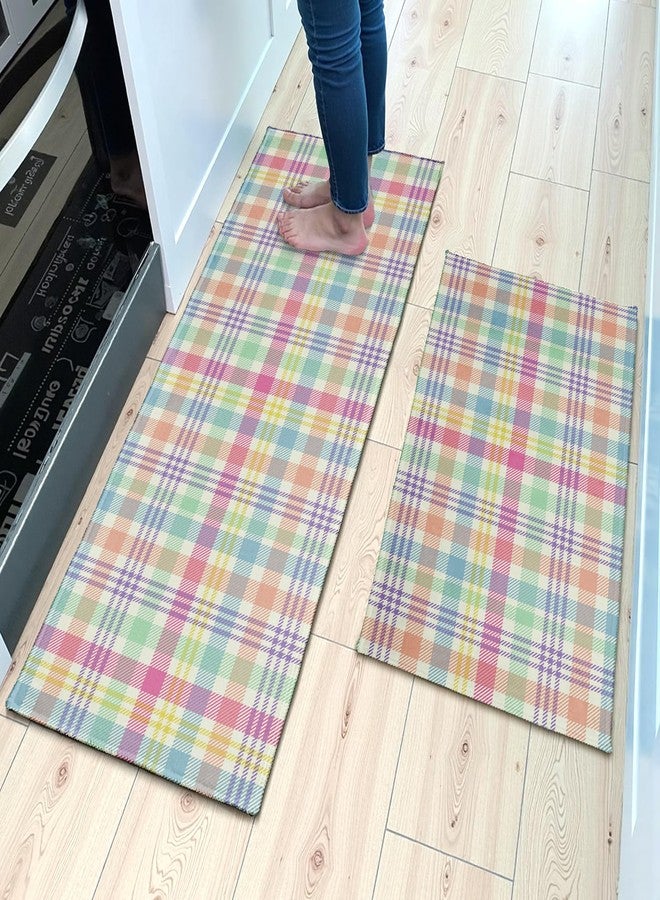 Aytipun Spring Easter Plaid Kitchen Mats for Floor Set of 2 Pink Blue Green Pastel Colorful Holiday Theme Kitchen Rugs Non Slip Washable Absorbent Kitchen Runner Rugs Decor,17x30 and 17x47 Inch - Image 2