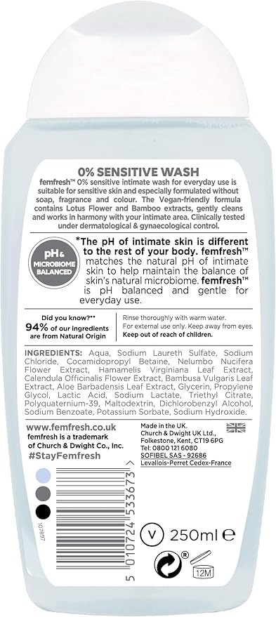 femfresh Femfresh 0 Sensitive Intimate Wash Feminine Hygiene Shower Gel Cleanser pH Balanced Soap Free Fragrance Free Vegan Formula Lotus Flower Extract to Soothe Protect 6 x 250ml Multi Pack 