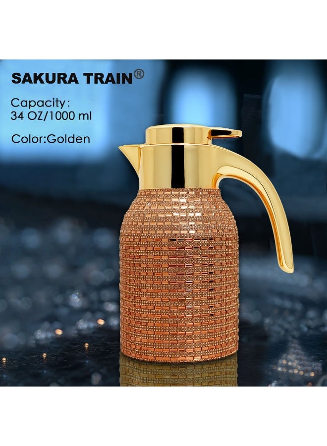 Sakura Train Hand Studded Bling Diamond Thermal Coffee Carafe Insulated Stainless Steel Vacuum Coffee Carafe for Hot Liquids, Turkish Middle Eastern Style Stainless Steel Teapot Coffee Pot for Women, Men, Adults, Guests or For Tea Party - Best Gift Idea - Image 1