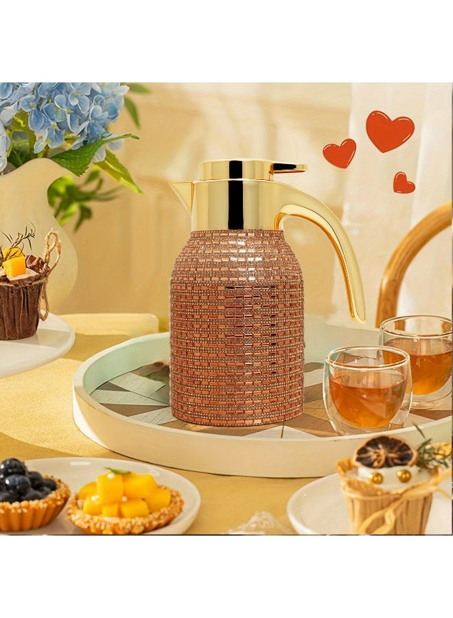 Sakura Train Hand Studded Bling Diamond Thermal Coffee Carafe Insulated Stainless Steel Vacuum Coffee Carafe for Hot Liquids, Turkish Middle Eastern Style Stainless Steel Teapot Coffee Pot for Women, Men, Adults, Guests or For Tea Party - Best Gift Idea - Image 3