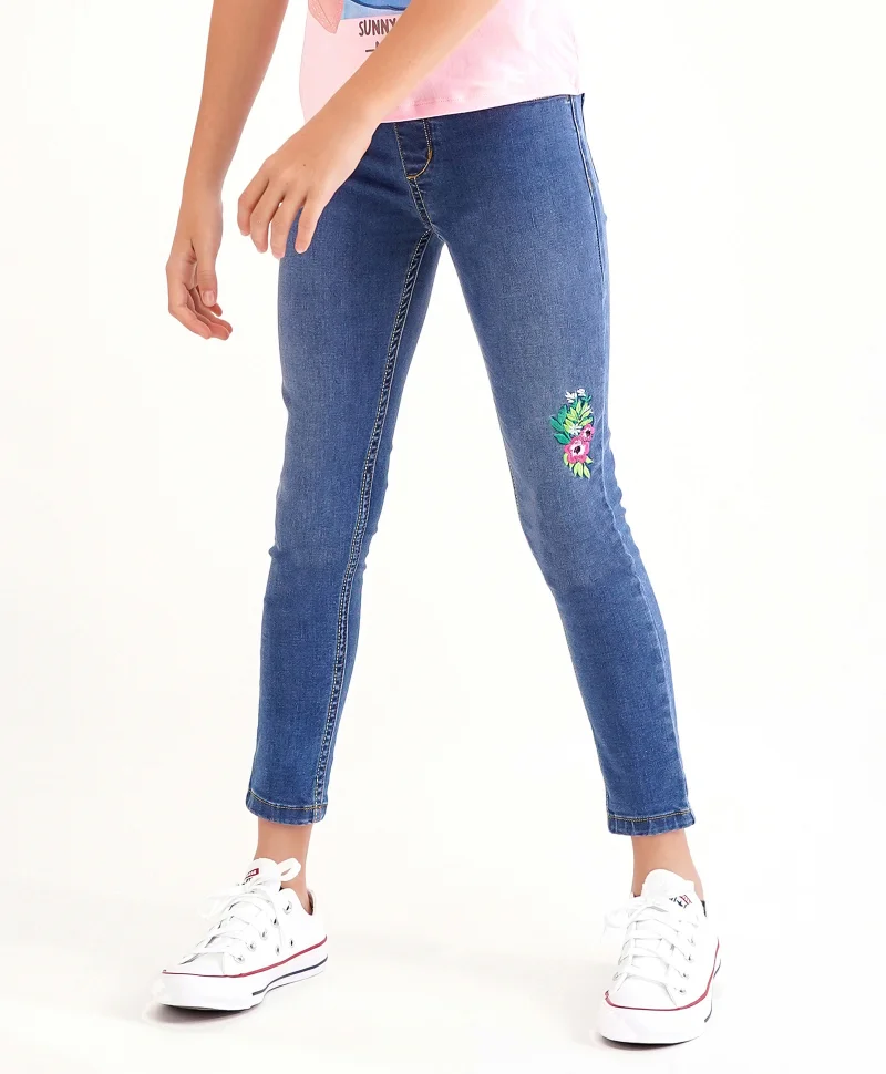 Primo Gino Primo Gino Cotton Elastane Ankle Length Jeans Flower Embroidery - Blue