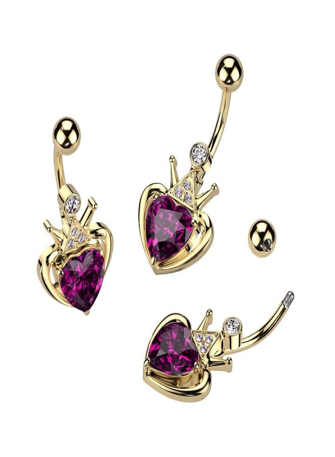 Pierced Owl 14GA Gold PVD 316L Stainless Steel Crown with Pink Gem Heart Belly Button Ring - Image 3