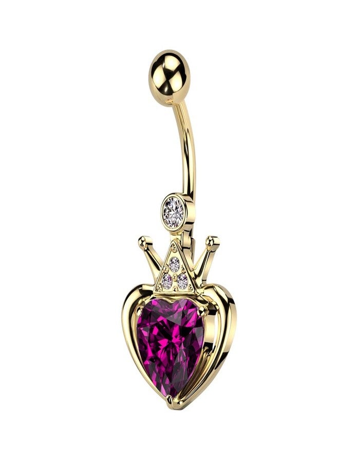 Pierced Owl 14GA Gold PVD 316L Stainless Steel Crown with Pink Gem Heart Belly Button Ring - Image 1