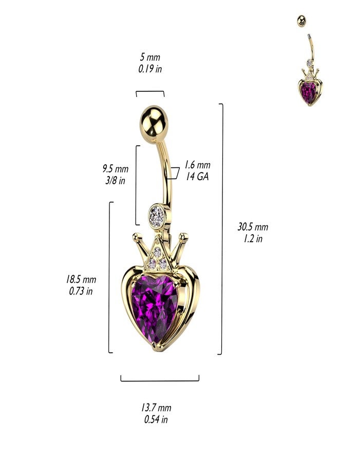 Pierced Owl 14GA Gold PVD 316L Stainless Steel Crown with Pink Gem Heart Belly Button Ring - Image 2