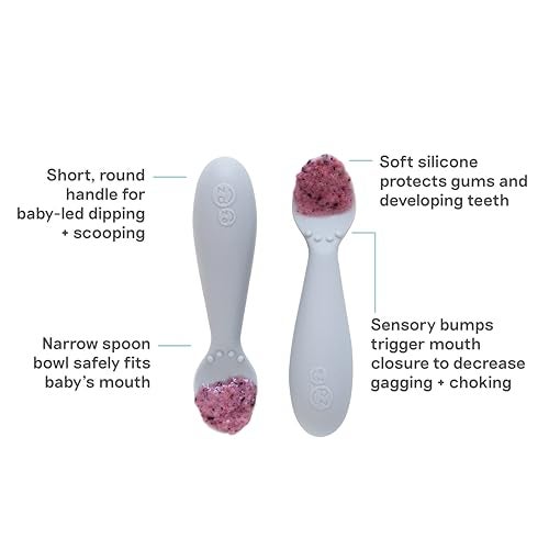 ezpz Tiny Spoon (2 Pack in Pewter) - 6 Months+ - 100% Silicone Spoon for Baby Led Weaning + Purees - Designed by a Pediatric Feeding Specialist - Shower Essentials & Gifts - Image 2
