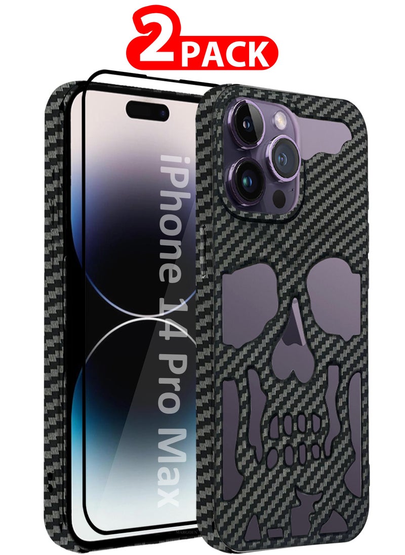 CATANES iPhone 14 Pro Max 2Packs Skull Case Cover Soft TPU and Glossy with 3D Shockproof Screen Protector - Carbon Fiber  - Image 1