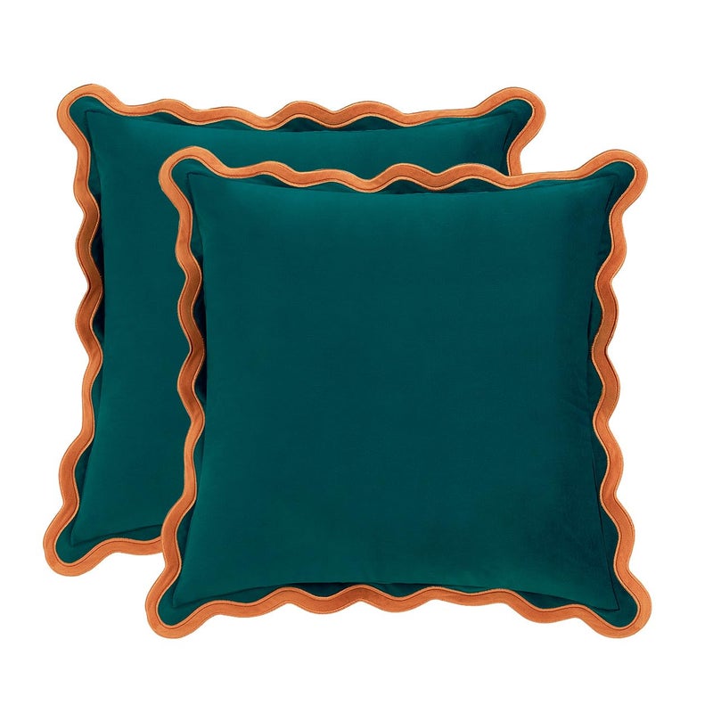MONDAY MOOSE Decorative Throw Pillow Covers Cushion Cases, Set of 2 Soft Velvet Scalloped Wavy Edge Designs, Mix and Match for Home Decor, Pillow Inserts Not Included (20x20 inch, Coral/Dark Teal) - Image 1