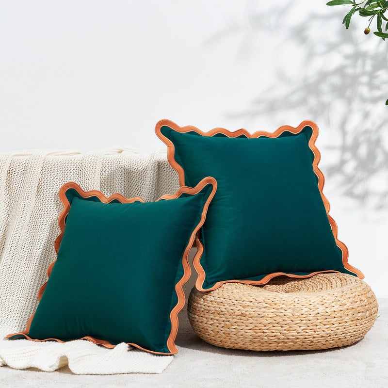 MONDAY MOOSE Decorative Throw Pillow Covers Cushion Cases, Set of 2 Soft Velvet Scalloped Wavy Edge Designs, Mix and Match for Home Decor, Pillow Inserts Not Included (20x20 inch, Coral/Dark Teal) - Image 2