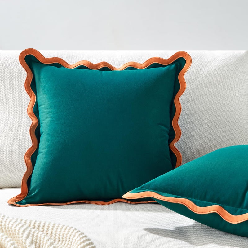 MONDAY MOOSE Decorative Throw Pillow Covers Cushion Cases, Set of 2 Soft Velvet Scalloped Wavy Edge Designs, Mix and Match for Home Decor, Pillow Inserts Not Included (20x20 inch, Coral/Dark Teal) - Image 4