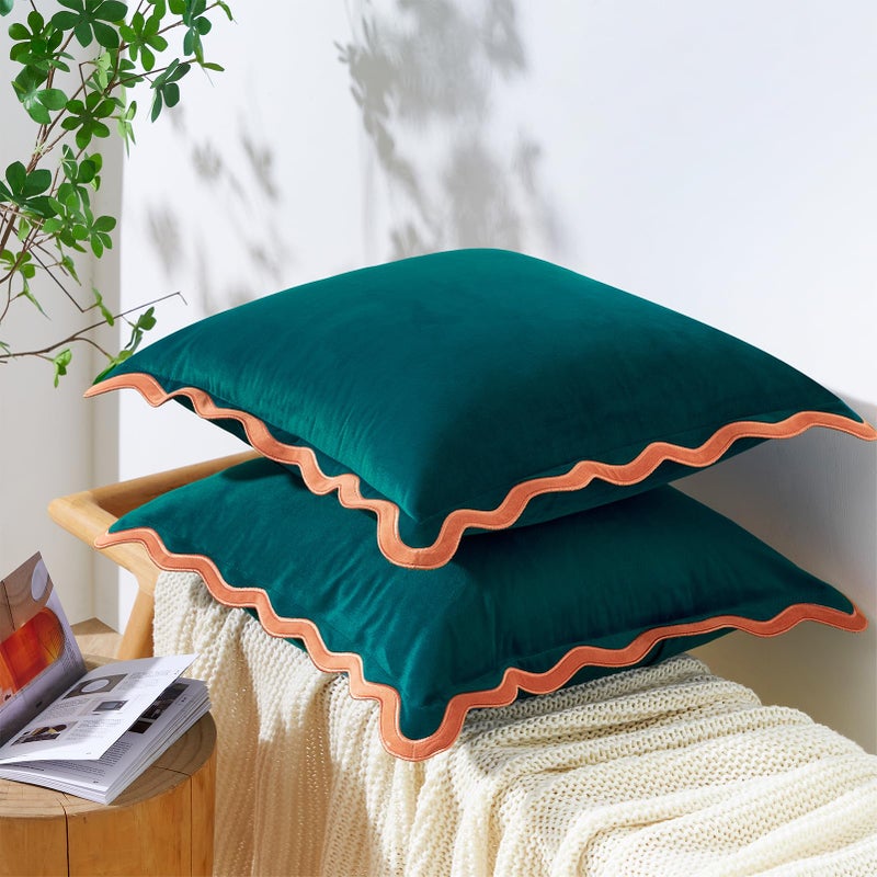 MONDAY MOOSE Decorative Throw Pillow Covers Cushion Cases, Set of 2 Soft Velvet Scalloped Wavy Edge Designs, Mix and Match for Home Decor, Pillow Inserts Not Included (20x20 inch, Coral/Dark Teal) - Image 3