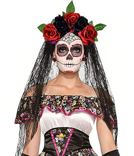 June Bloomy Day of the Dead Headpiece Rose Floral Crown Veil Halloween Costume Mexican Flower HeadbandRed Black - Image 1