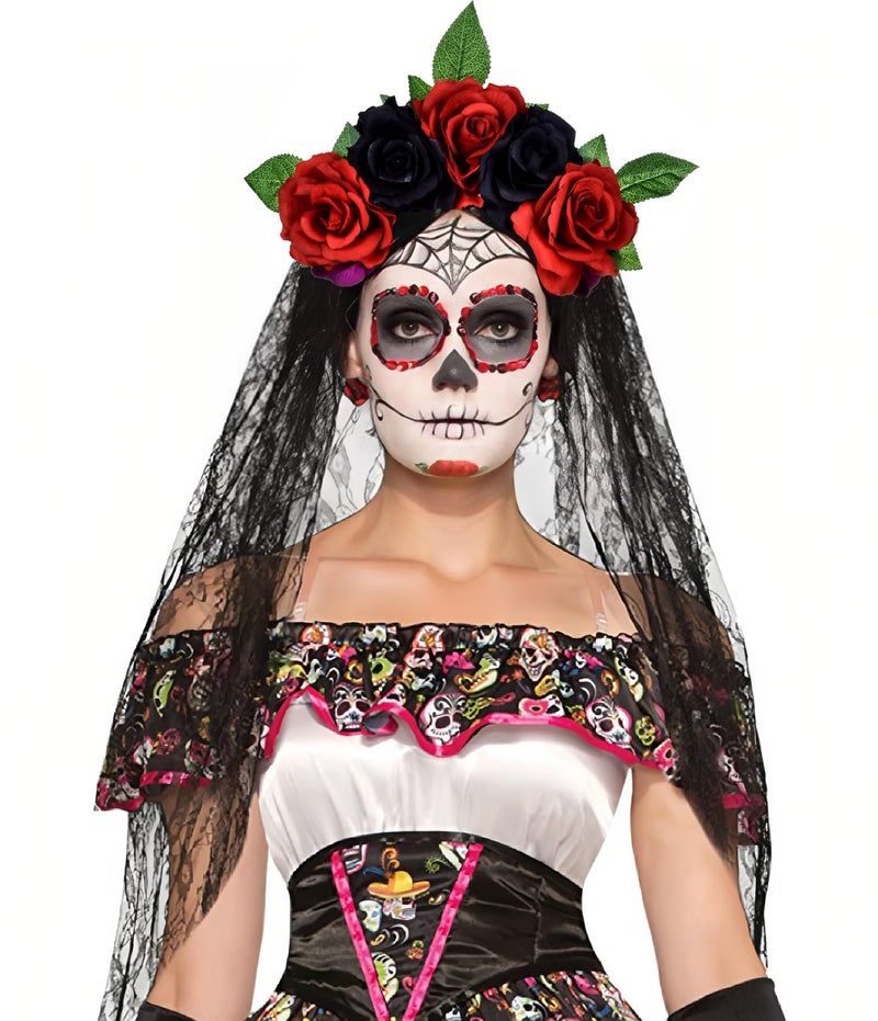 June Bloomy Day of the Dead Headpiece Rose Floral Crown Veil Halloween Costume Mexican Flower HeadbandRed Black - Image 2