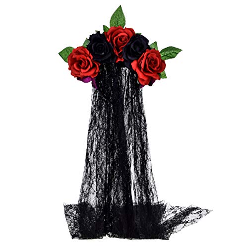 June Bloomy Day of the Dead Headpiece Rose Floral Crown Veil Halloween Costume Mexican Flower HeadbandRed Black - Image 3