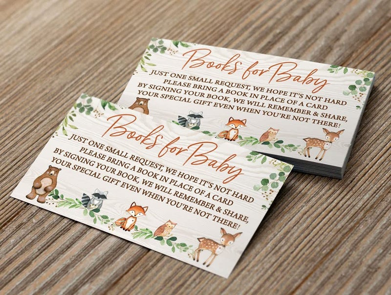 Printed Party Bring a Book Insert Cards, Set of 50, Woodland Baby Shower Games, Activities, Favors - Image 3