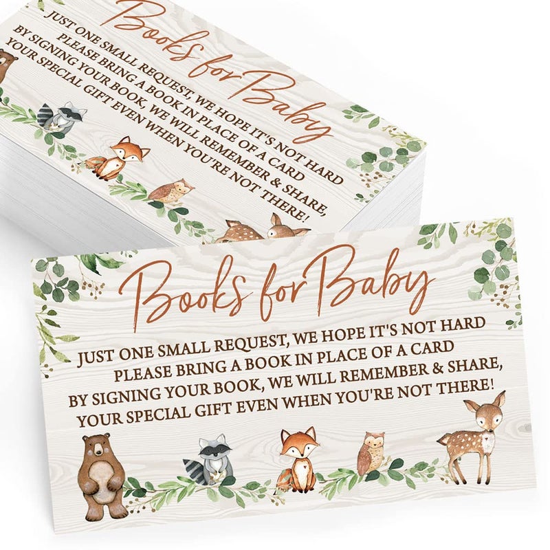 Printed Party Bring a Book Insert Cards, Set of 50, Woodland Baby Shower Games, Activities, Favors - Image 1