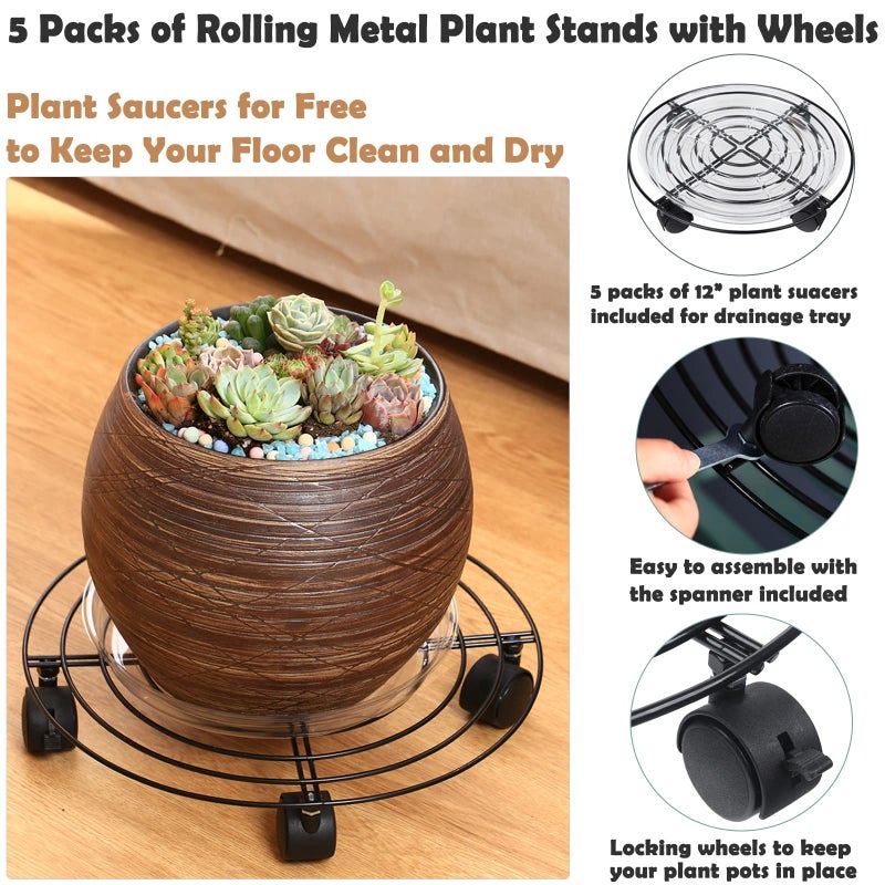 Planterhoma 5 Packs Large Metal Plant Caddy 13.8 Inches Plant Dolly with Wheels Heavy-duty Wrought Iron Rolling Plant Stand with Casters for Indoor and Outdoor Plant Pot Rollers Black, Plastic Saucers Included - Image 3