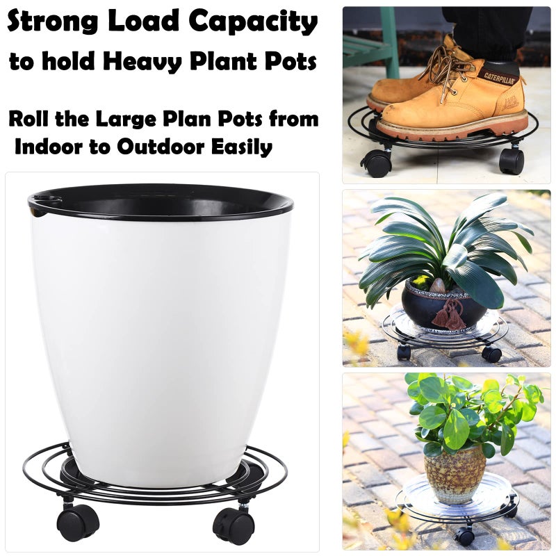 Planterhoma 5 Packs Large Metal Plant Caddy 13.8 Inches Plant Dolly with Wheels Heavy-duty Wrought Iron Rolling Plant Stand with Casters for Indoor and Outdoor Plant Pot Rollers Black, Plastic Saucers Included - Image 4