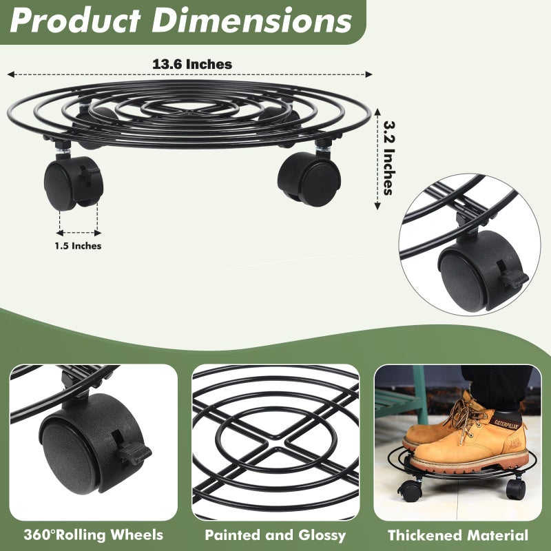 Planterhoma 5 Packs Large Metal Plant Caddy 13.8 Inches Plant Dolly with Wheels Heavy-duty Wrought Iron Rolling Plant Stand with Casters for Indoor and Outdoor Plant Pot Rollers Black, Plastic Saucers Included - Image 5