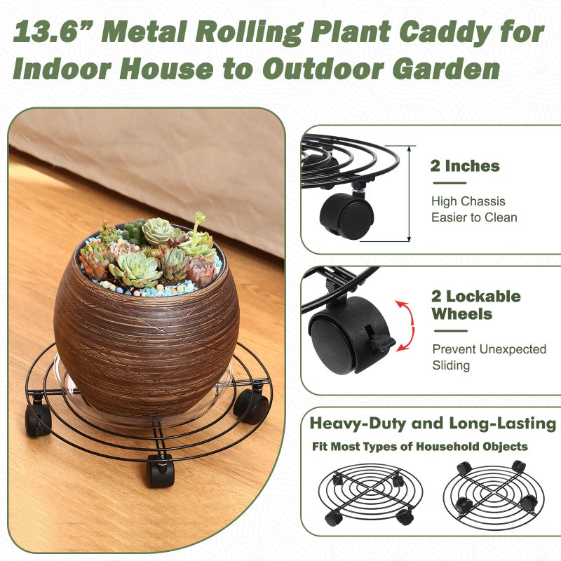 Planterhoma 5 Packs Large Metal Plant Caddy 13.8 Inches Plant Dolly with Wheels Heavy-duty Wrought Iron Rolling Plant Stand with Casters for Indoor and Outdoor Plant Pot Rollers Black, Plastic Saucers Included - Image 2