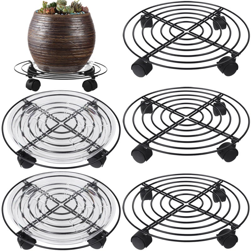 Planterhoma 5 Packs Large Metal Plant Caddy 13.8 Inches Plant Dolly with Wheels Heavy-duty Wrought Iron Rolling Plant Stand with Casters for Indoor and Outdoor Plant Pot Rollers Black, Plastic Saucers Included - Image 1