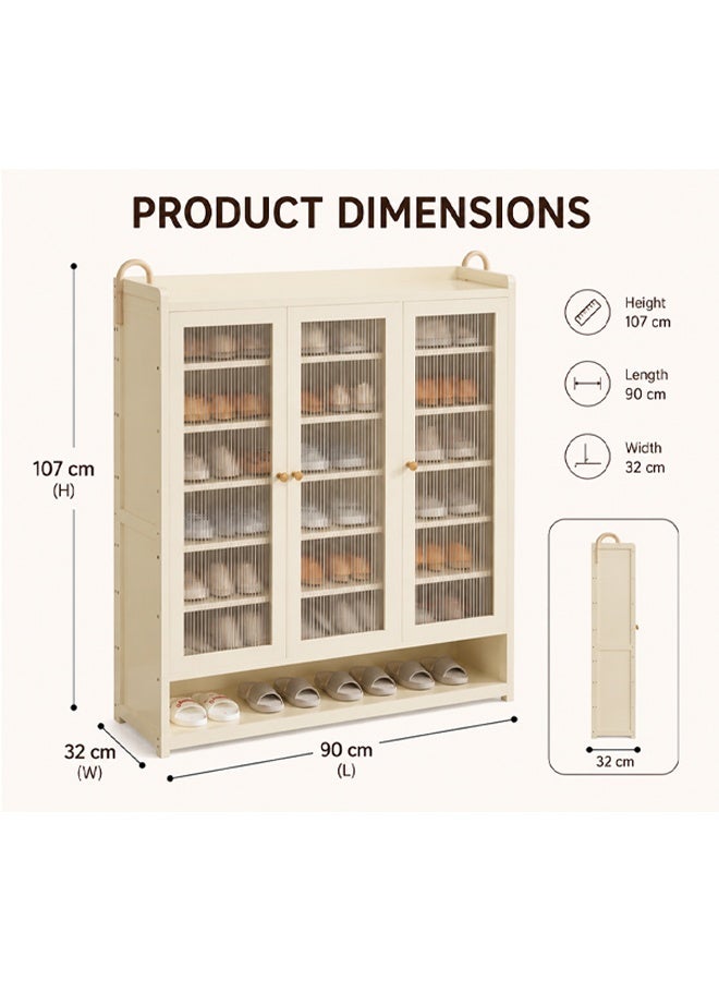 keke Modern Wooden Shoe Cabinet, 3 Doors, 8-Tier Shoe Rack Organizer with Umbrella Holder, Cream, 90 x 32 x 107 cm - Image 3