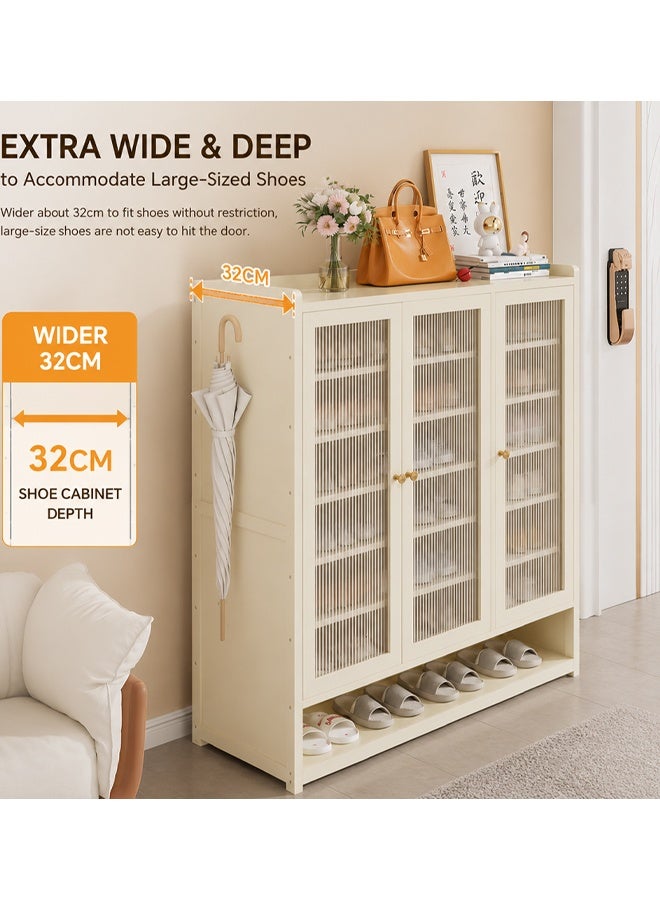 keke Modern Wooden Shoe Cabinet, 3 Doors, 8-Tier Shoe Rack Organizer with Umbrella Holder, Cream, 90 x 32 x 107 cm - Image 5