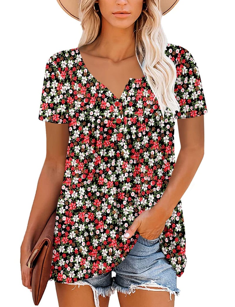 ROSELINLIN Womens Short Sleeve Tunic Top Henley V Neck Blouse with Ruffle Hem Casual Summer Tops XL - Image 2