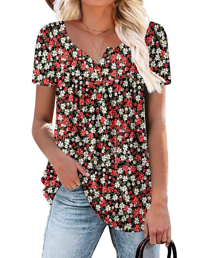 ROSELINLIN Womens Short Sleeve Tunic Top Henley V Neck Blouse with Ruffle Hem Casual Summer Tops XL - Image 5